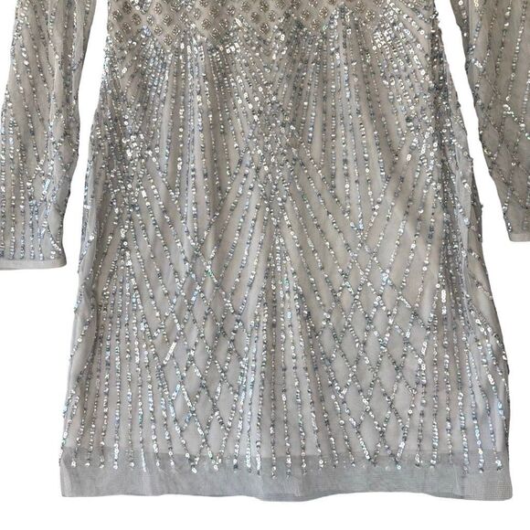 Aidan Mattox Gray Silver Sequin Mini Dress Long Sleeve Boat V Neck Women Size 8 - Picture 9 of 10